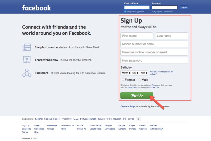 new facebook account creation page 