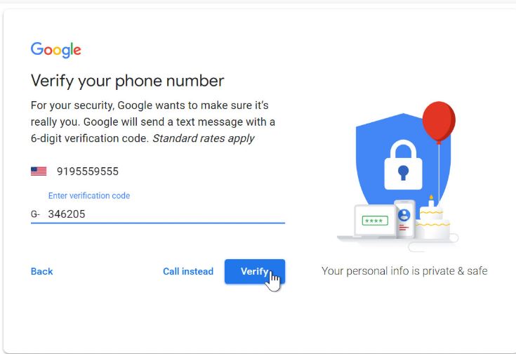 Verify phone number in google account