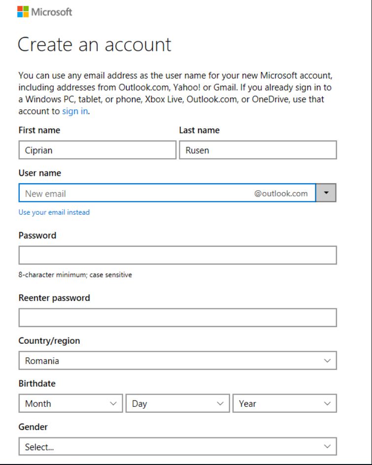 Fill out the information on the Hotmail account creation page